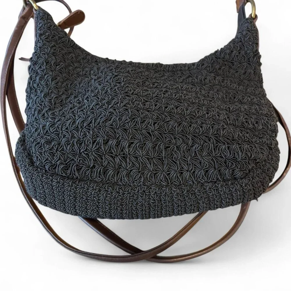 Coldwater Creek Black Crochet Shoulder Bag Boho‎ Hobo Purse Brown Strap